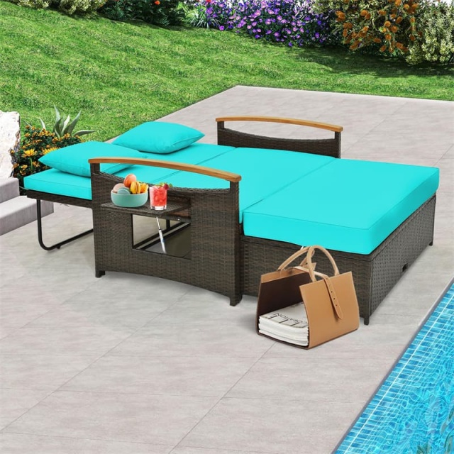 Patio Rattan Daybed Set with Cushioned Loveseat, Storage Ottoman, Retractable Side Tray, Backrest Adjustable Outdoor Double Chaise Lounge