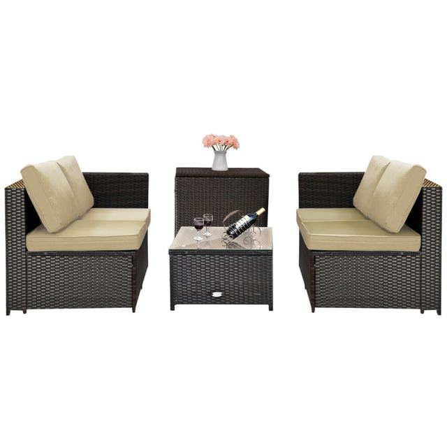 4 Piece Rattan Patio Conversation Furniture Set with Loveseat, Storage Box, Glass Top Coffee Table & Waterproof Cover for Garden, Poolside