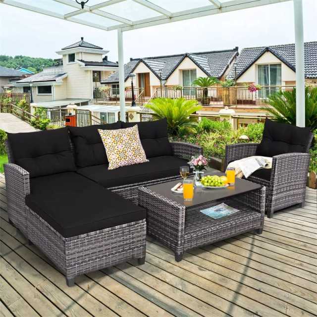 4-Piece Patio Rattan Conversation Set, Wicker Outdoor Sectional Sofa with 2-Tier Coffee Table & Cushions for Poolside, Backyard & Garden