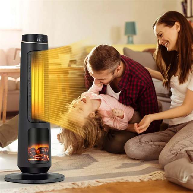 1500W Electric Space Heater, 30" PTC Ceramic Tower Heater with 3D Flame, Remote Control  & 80° Oscillating for Large Rooms, Living Room, Bedroom
