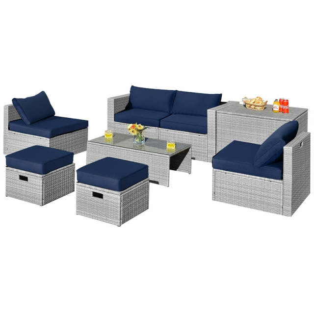 8 Piece Patio Furniture Set, PE Rattan Sectional Sofa Set with Storage Box, Ottomans, Coffee Table, Waterproof Cushions for Poolside/Balcony