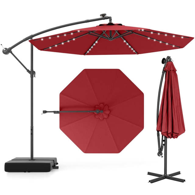 10FT Solar Offset Patio Umbrella, Hanging Cantilever Umbrella with 32 LED Lights, Adjustable Tilt, Sand Bag Base for Garden, Poolside, Yard