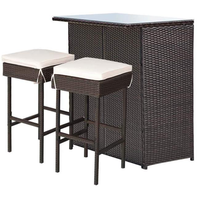 3-Piece Patio Rattan Wicker Bar Table Stool Set with Seat Cushions & Glass Top Table