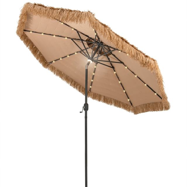 10FT Thatched Tiki Patio Umbrella with 32 Solar LED Lights, 2 Tier Hawaiian Style Grass Beach Umbrella with Tilt Adjustment & Crank for Poolside, Deck