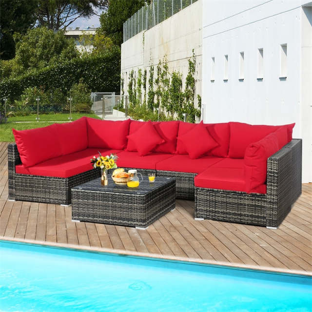 7PCS PE Rattan Modular Outdoor Sectional Set with Tempered Glass Top Table & Cushions, Patio Sofa Furniture for Backyard, Poolside Garden