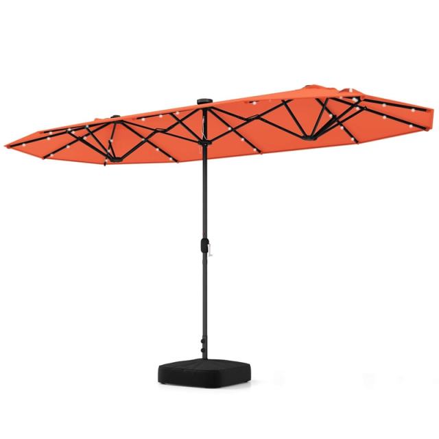 13FT Double-sided Patio Umbrella with Base, 36 Solar LED Lights & Crank Handle, Large Twin Table Umbrella for Poolside, Outdoor Dining