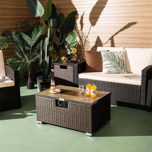 2-Piece Rattan Outdoor Fire Pit Table Set with Hideaway Tank Holder, Lava Rocks & Cover, 40,000BTU Wicker Propane Fire Table for Patio, Backyard