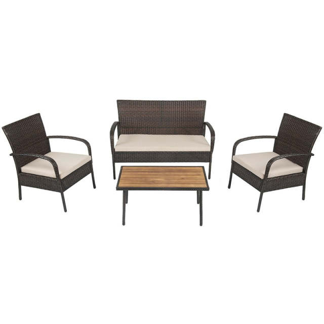 4PCS Patio Rattan Furniture Set Outdoor Conversation Set with Acacia Wood Coffee Table & Cushions