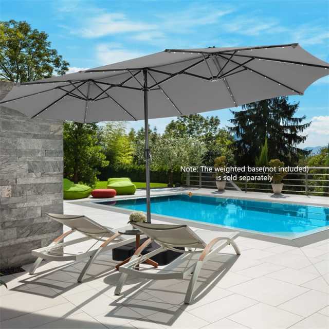 15FT Double-Sided Patio Umbrella with 48 Solar LED Lights & Crank Handle, Extra Large Outdoor Market Umbrella for Poolside, Deck, Backyard