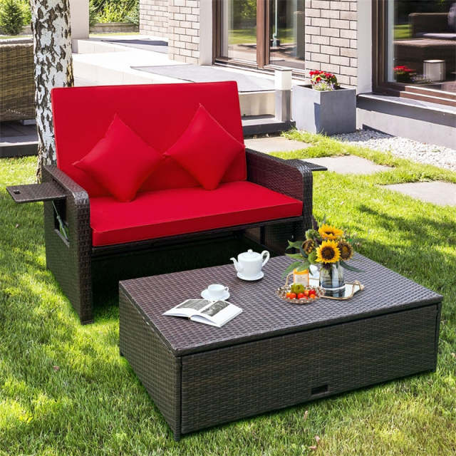 Patio Rattan Daybed Set, Outdoor Wicker Loveseat Sofa w/Multipurpose Ottoman, Retractable Side Tray, 4-Level Adjustable Backrest & Cushions