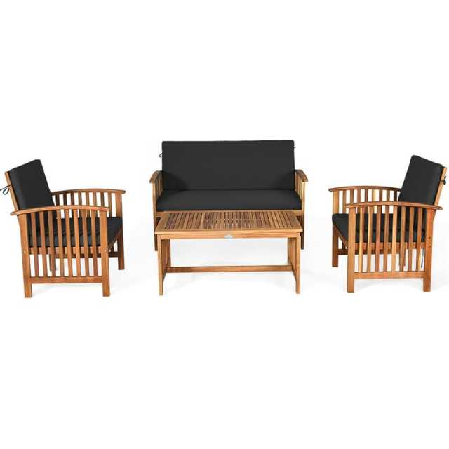 4PCS Outdoor Acacia Wood Sofa Set with Coffee Table, Seat & Back Cushions, Wood Patio Conversation Set Lounge Furniture for Garden Poolside