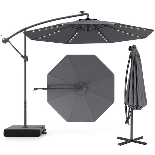 10FT Solar Offset Patio Umbrella, Hanging Cantilever Umbrella with 32 LED Lights, Adjustable Tilt, Sand Bag Base for Garden, Poolside, Yard