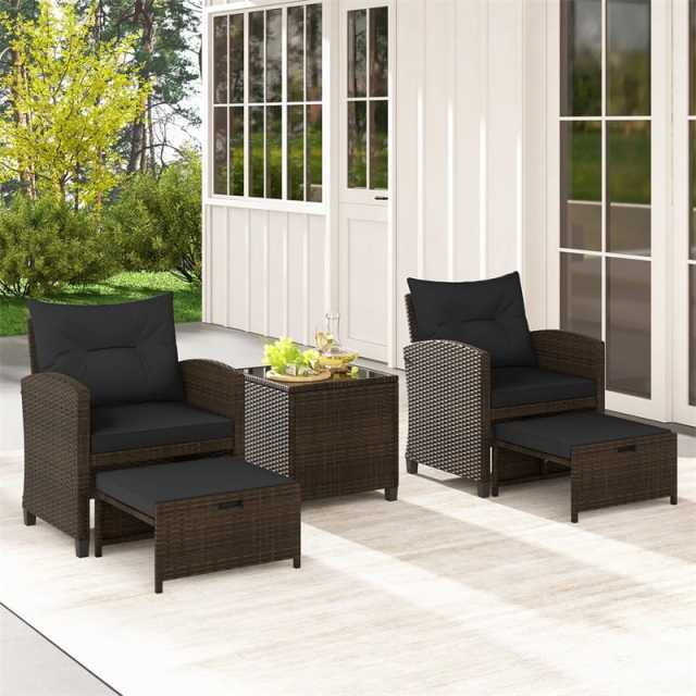 5-Piece Patio Rattan Furniture Set, Cushioned Wicker Chairs with 2 Ottomans & Glass Coffee Table, Outdoor Sectional for Porch Backyard Poolside