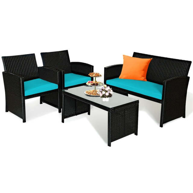 4-Piece Rattan Patio Furniture Set, Weather-Resistant Outdoor Wicker Conversation Sofa with Cushions & Tempered Glass Table for Backyard