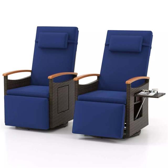 2PCS Outdoor 360° Swivel Rattan Recliner Chair, Patio Wicker Chaise Lounge Chair with Flip Side Table, Cushion, Adjustable Backrest & Footrest