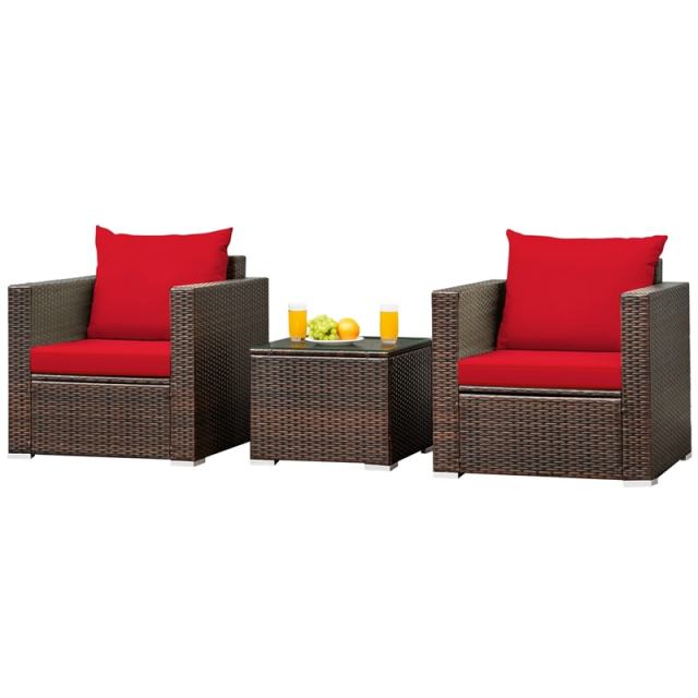 3 Piece Patio Conversation Set, Outdoor Rattan Sofa Furniture Set with Washable Cushions & Tempered Glass Coffee Table for Poolside Backyard