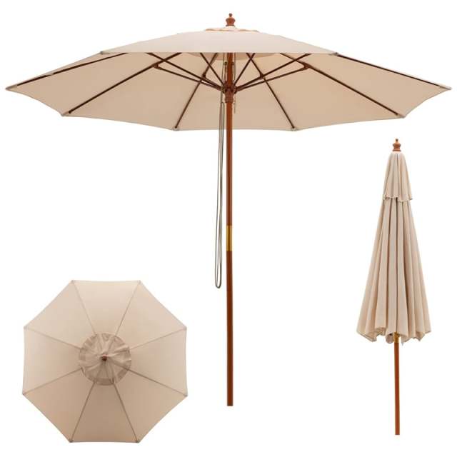 9.5FT Wood Patio Umbrella with Rope Pulley Lift, 8 Fiberglass Ribs & 3 Adjustable Heights, Vented Outdoor Umbrella for Garden Poolside Backyard