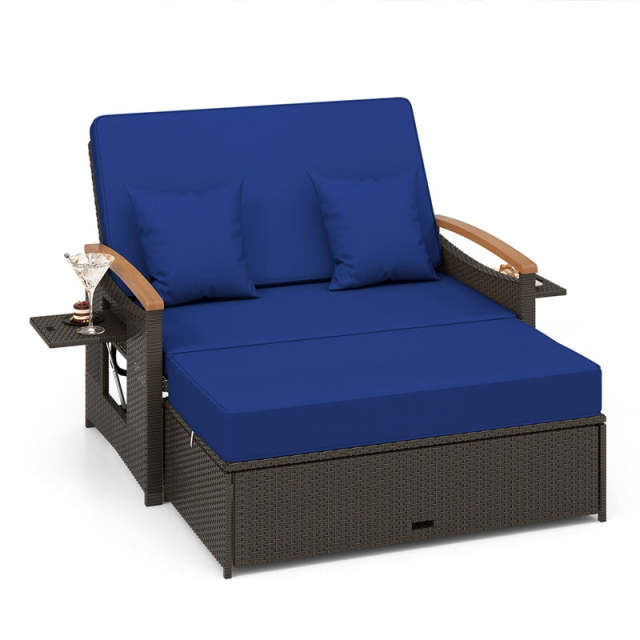 Patio Rattan Daybed Set with Cushioned Loveseat, Storage Ottoman, Retractable Side Tray, Backrest Adjustable Outdoor Double Chaise Lounge