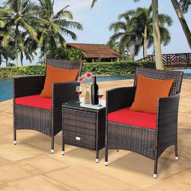 Bestoutdor 3 Piece Patio Rattan Furniture Set, Outdoor Wicker Bistro Set with Cushions & Glass Top Coffee Table for Garden, Porch, Lawn