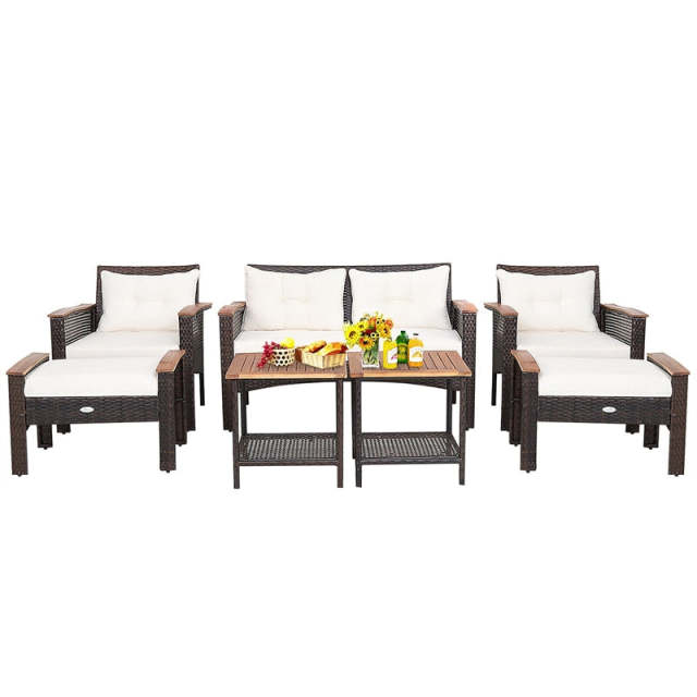 7 Piece PE Wicker Outdoor Conversation Set Patio Cushioned Furniture Set with 2 Ottomans, 2 Storage Side Tables & Acacia Wood Tabletop