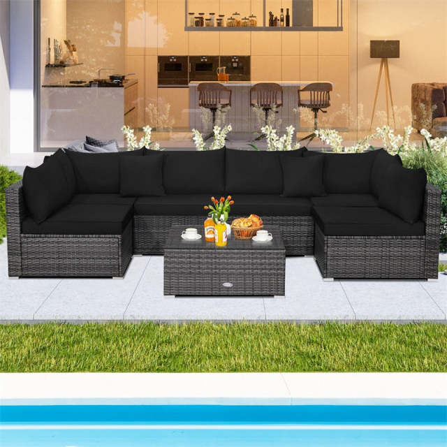 7PCS PE Rattan Modular Outdoor Sectional Set with Tempered Glass Top Table & Cushions, Patio Sofa Furniture for Backyard, Poolside Garden