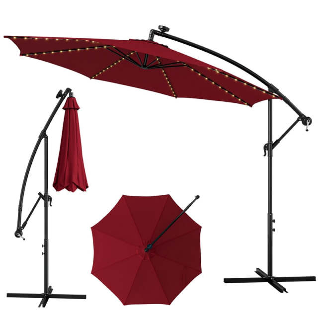 10FT Solar Offset Umbrella, Patio Cantilever Umbrella with 112 LED Lights, Adjustable Crank Handle & Tilt, Outdoor Market Umbrella for Poolside