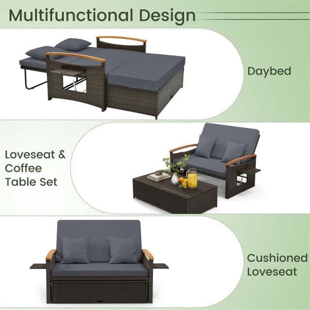 Patio Rattan Daybed Set with Cushioned Loveseat, Storage Ottoman, Retractable Side Tray, Backrest Adjustable Outdoor Double Chaise Lounge