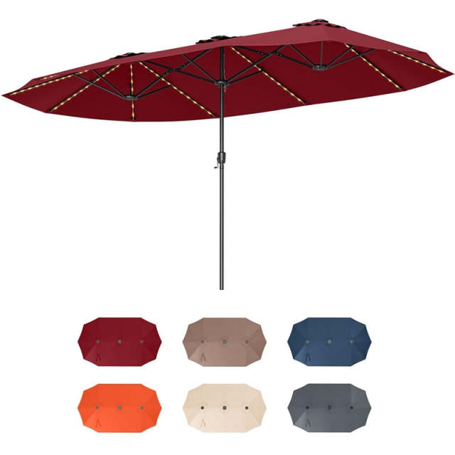 15.5FT Extra Large Patio Umbrella with 144 Solar LED Lights & Crank Handle, 12 Heavy-Duty Ribs Double-Sided Market Umbrella for Deck, Poolside