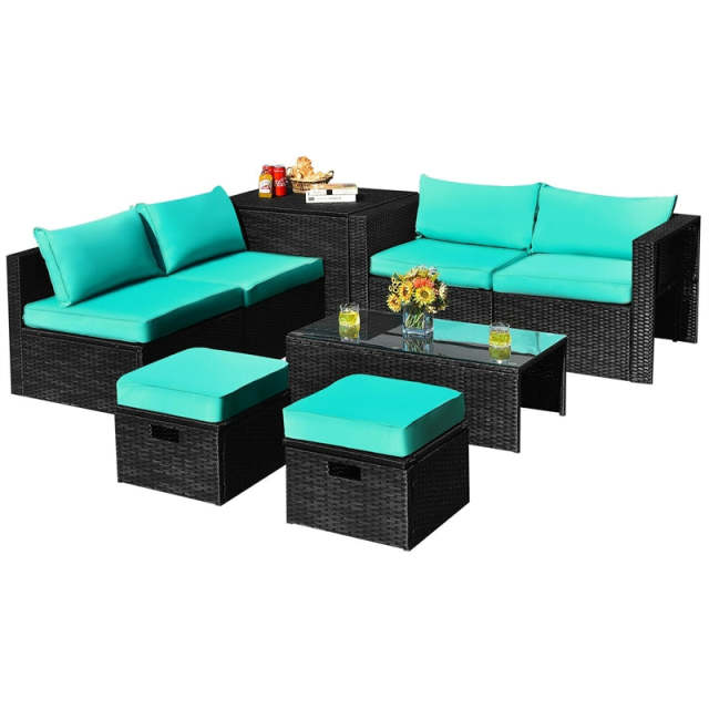 8PCS Wicker Outdoor Sectional Set, Patio Rattan Furniture Set with Storage Box, Coffee Table, Sofas, Ottomans, Cushions & Waterproof Cover
