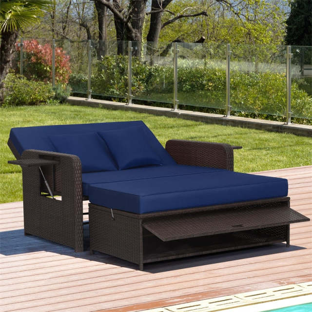 Patio Rattan Daybed Set, Outdoor Wicker Loveseat Sofa w/Multipurpose Ottoman, Retractable Side Tray, 4-Level Adjustable Backrest & Cushions