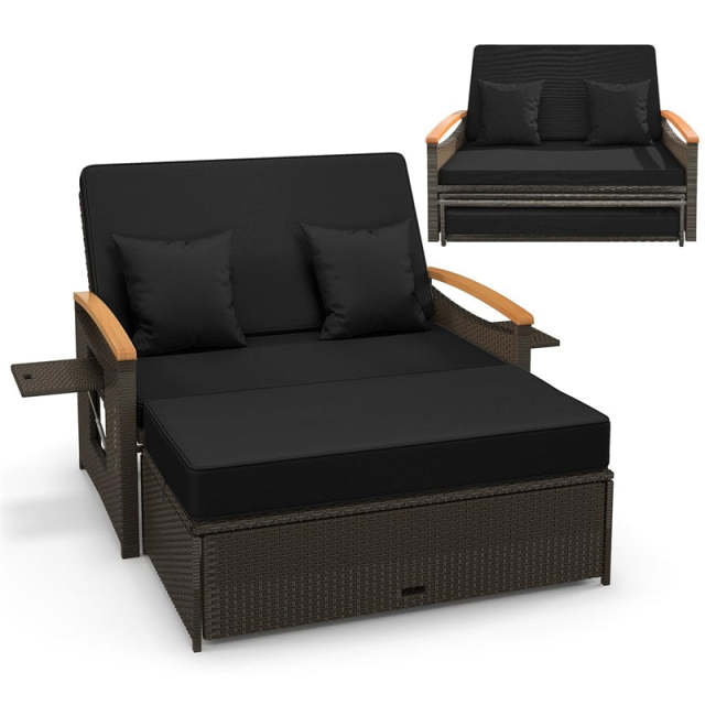Patio Rattan Daybed Set with Cushioned Loveseat, Storage Ottoman, Retractable Side Tray, Backrest Adjustable Outdoor Double Chaise Lounge