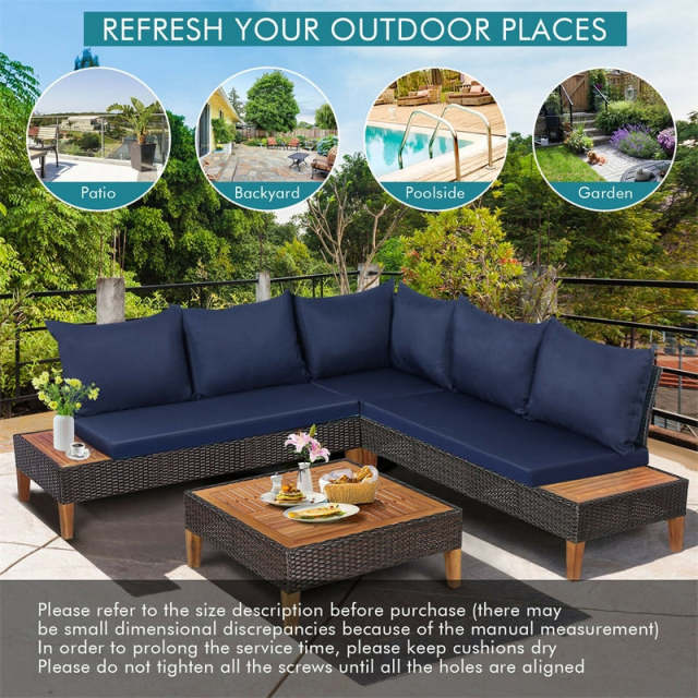 4 Piece Acacia Wood Patio Furniture Set, Outdoor Rattan Sectional Sofa with Cushions, Loveseat, Side Table, Coffee Table for Backyard Garden