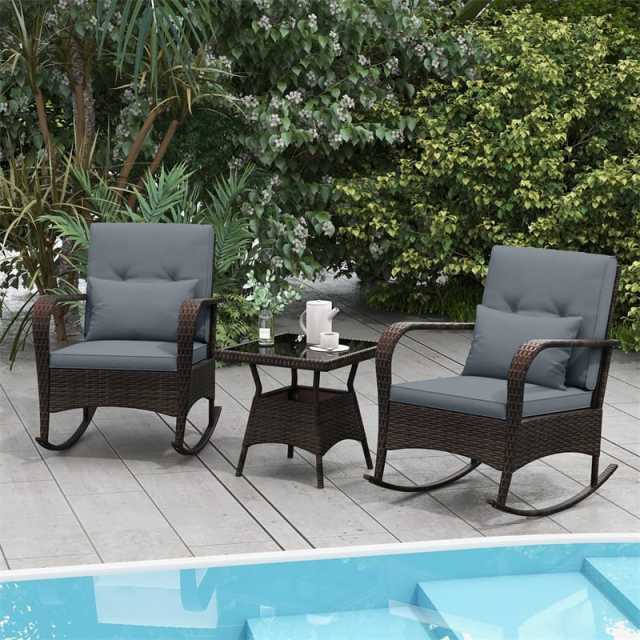 3-Piece PE Rattan Rocking Bistro Set with Removable Cushions & Tempered Glass Table, Outdoor Patio Furniture Set for Porch, Poolside, Backyard