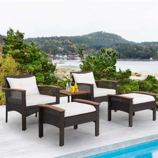 5PCS Patio Rattan Sofa Furniture Set with 2 Chairs, 2 Ottomans & Coffee Table, All-Weather Wicker Acacia Wood Cushioned Conversation Set for Backyard