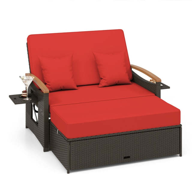 Patio Rattan Daybed Set with Cushioned Loveseat, Storage Ottoman, Retractable Side Tray, Backrest Adjustable Outdoor Double Chaise Lounge