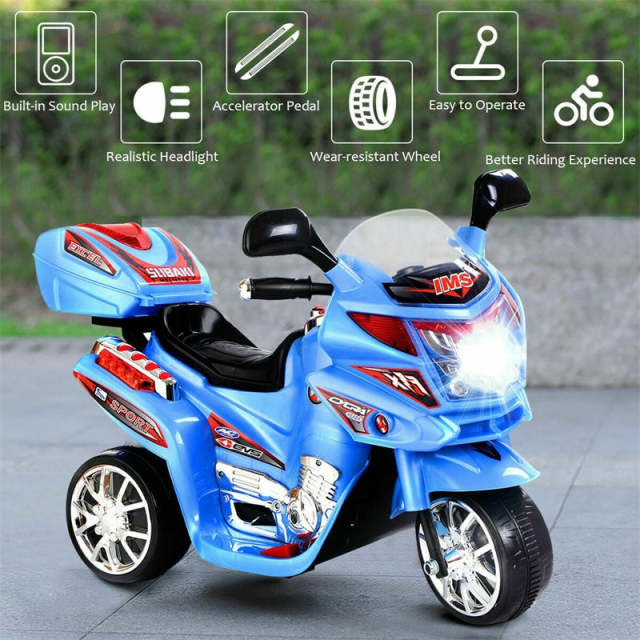 6V Kids Ride-On Motorcycle, Battery Powered 3-Wheel Motorcycle with LED Headlights, Music, Storage Trunk, Electric Motorcycle Toy for Boys/Girls he1