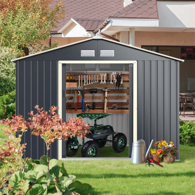 9’ x 6’ Large Outdoor Metal Storage Shed, Galvanized Steel Garden Shed Tool House Backyard Storage Cabinet with 4 Vents & Lockable Double Sliding Door