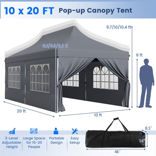 10x20FT Pop Up Canopy with 6 Removable Sidewalls & Carry Bag, UPF50+ Instant Setup Outdoor Canopy Tent for Weddings, Parties, Backyard & Beach