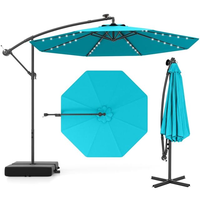 10FT Solar Offset Patio Umbrella, Hanging Cantilever Umbrella with 32 LED Lights, Adjustable Tilt, Sand Bag Base for Garden, Poolside, Yard