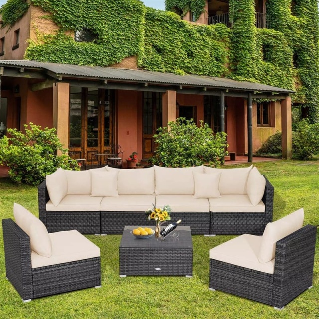 7PCS PE Rattan Modular Outdoor Sectional Set with Tempered Glass Top Table & Cushions, Patio Sofa Furniture for Backyard, Poolside Garden