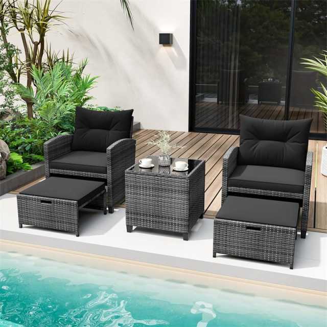 5-Piece Patio Rattan Furniture Set, Wicker Cushioned Chairs with 2 Ottomans & Tempered Glass Coffee Table for Backyard, Lawn, Poolside, Deck