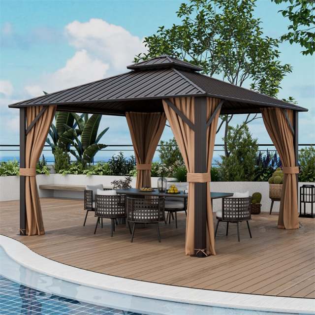 12' x 12' Hardtop Gazebo Galvanized Steel Double Roof Patio Gazebo Aluminum Frame Permanent Pavilion Gazebo with Netting & Curtains