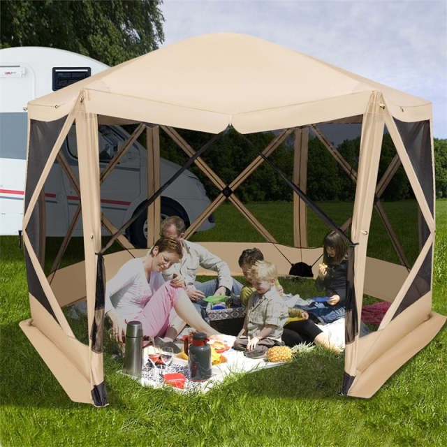 11.5' x 11.5' Pop Up Screen Tent 6-Sided Camping Gazebo Tent Outdoor Instant Canopy Shelter with Netting 2 Wind Clothes & Carry Bag