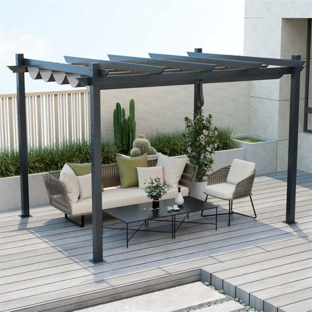 10x12ft Pergola Heavy-Duty Aluminum Outdoor Pergola Large Patio Shelter Pavilion with Retractable Sun Shade Canopy
