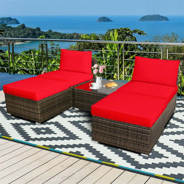 5-Piece Outdoor Rattan Chaise Lounge Set with Ottomans, Coffee Table & Washable Cushions, Patio Sectional Sofa Set for Backyard, Poolside