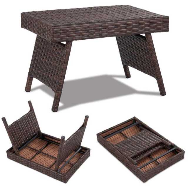 Patio Folding PE Rattan Side Table, Portable Wicker Coffee Table & Bistro Table with Steel Frame for Poolside, Lawn & Outdoor Living