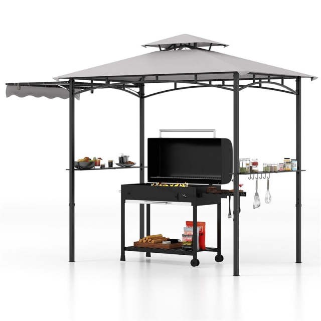 10.5x5FT Outdoor Grill Gazebo, 2-Tier Top Canopy Barbecue Gazebo with Side Awning, 2 Shelves & Hanging Hooks for Backyard, Garden & Poolside