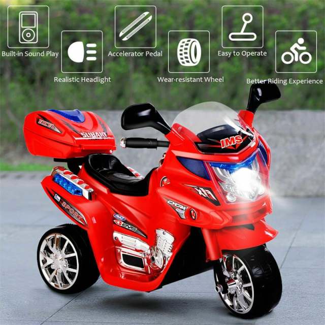 6V Kids Ride-On Motorcycle, Battery Powered 3-Wheel Motorcycle with LED Headlights, Music, Storage Trunk, Electric Motorcycle Toy for Boys/Girls he1