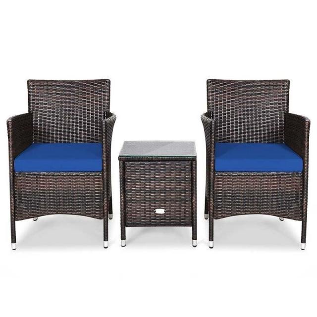 Bestoutdor 3 Piece Patio Rattan Furniture Set, Outdoor Wicker Bistro Set with Cushions & Glass Top Coffee Table for Garden, Porch, Lawn