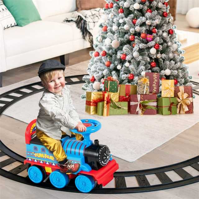 6V Electric Kids Ride On Train with Tracks, Storage Seat, Flashing Lights & Music, Battery Powered Ride-On Train Toy for Boys & Girls